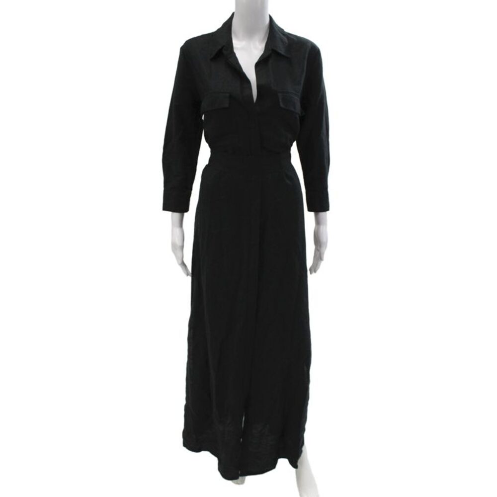 L'Agence Women Maxi Dress Black Collared Button Long Sleeve Linen Size S